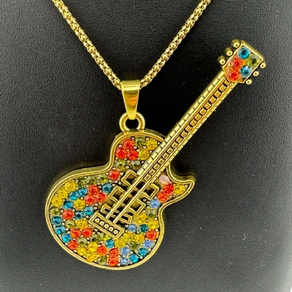 Rhinestone Guitar Pendant Necklace Gold Tone and Multicolor - Picture 1 of 3